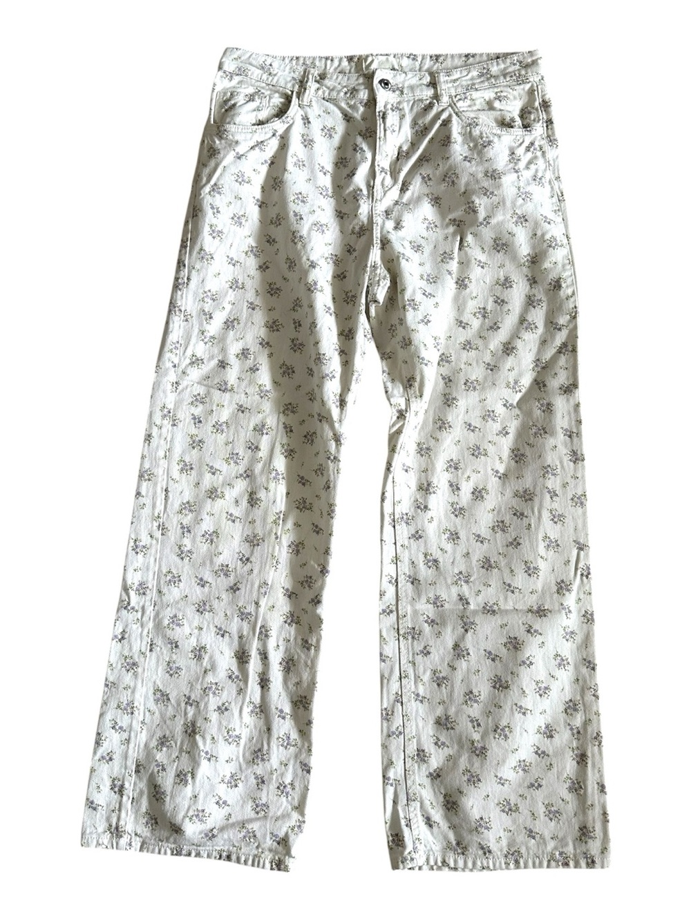 H&M White Floral Print Wide Leg Jeans